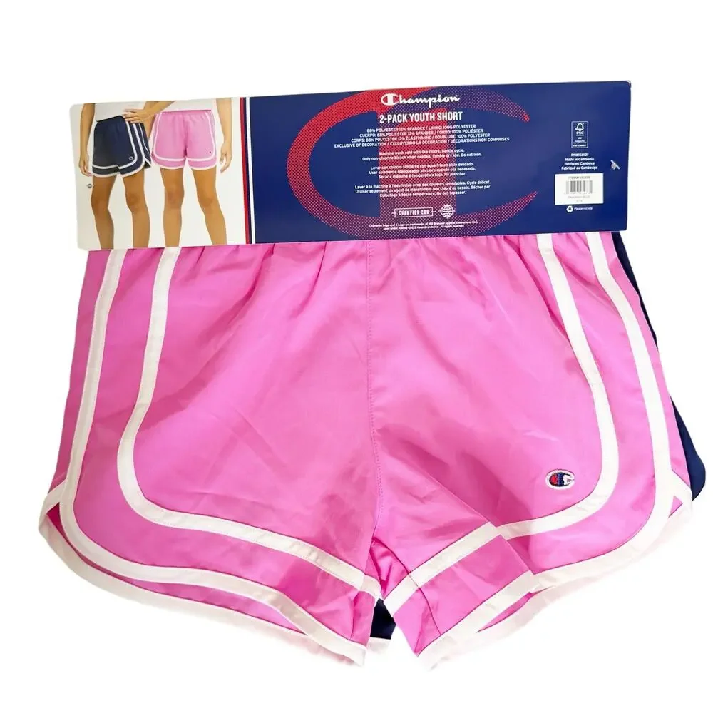 CHAMPION Youth 2-Pack Stripe Shorts Elastic Waist Pull-On Pink & Navy Size S 7/8